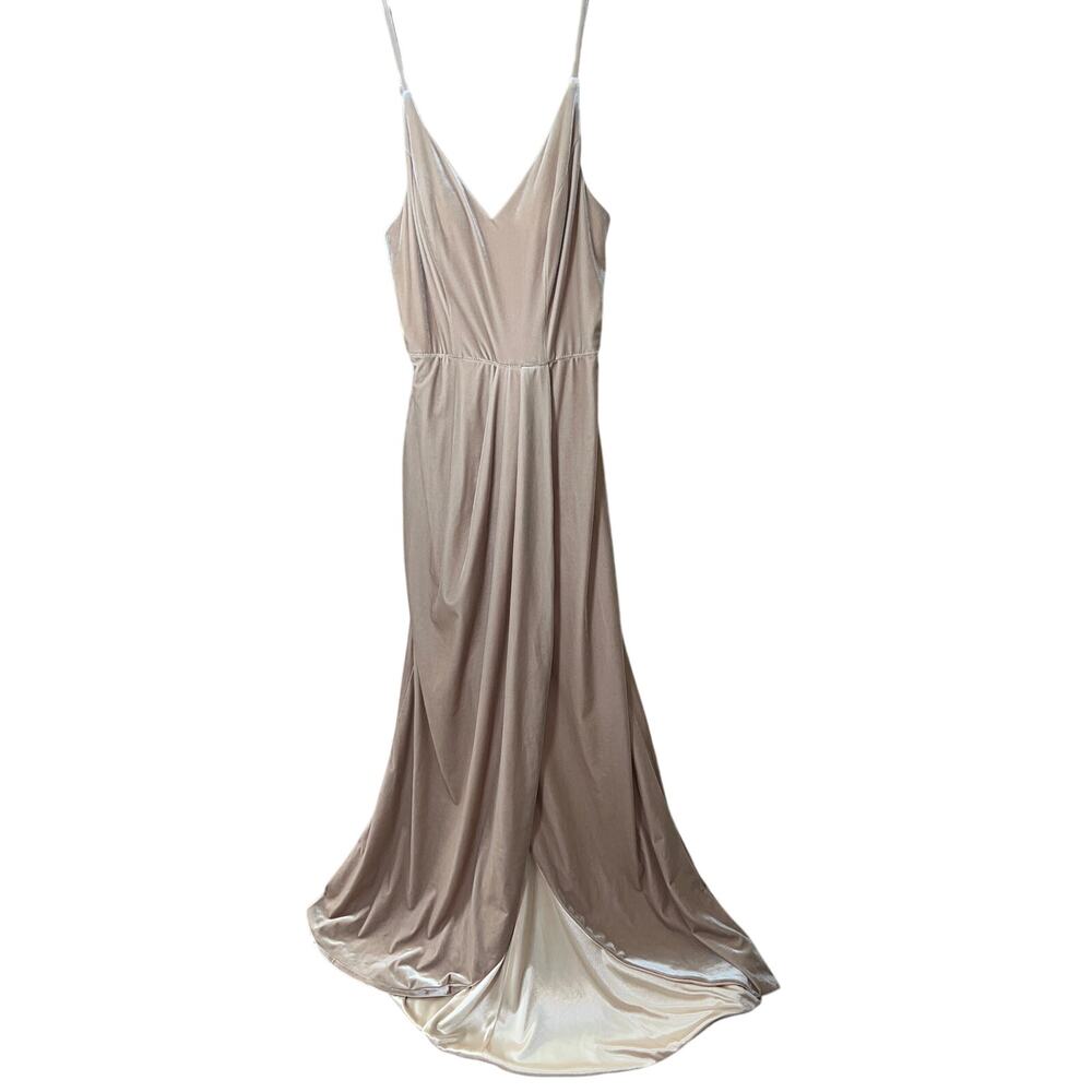 045 Revelry Satin Bridesmaid Dress Size 6 Nude Blush V Neck Maxi